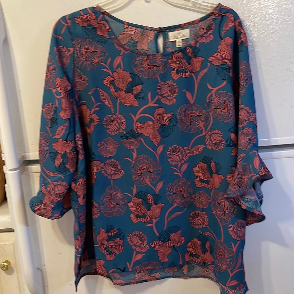 Tres Jolie Mauve & Blue Poly Tunic Ruffle Sleeves SizeXL-3